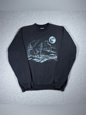 Vintage Wolf Crewneck Sweatshirt Mens XL Black Hanes Wildlife Howling Wolves